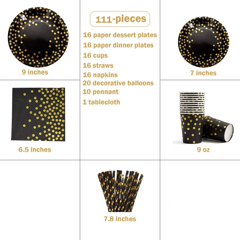 Black Gold Party Supplies - Gold Foil Dot Cutlery Set Include Party Cutlery Tablecloth Party Plate Cup Straws Napkins Cutlery Set for Birthdays Weddings Anniversary Decorations Graduation(Serves 16) - Image 6