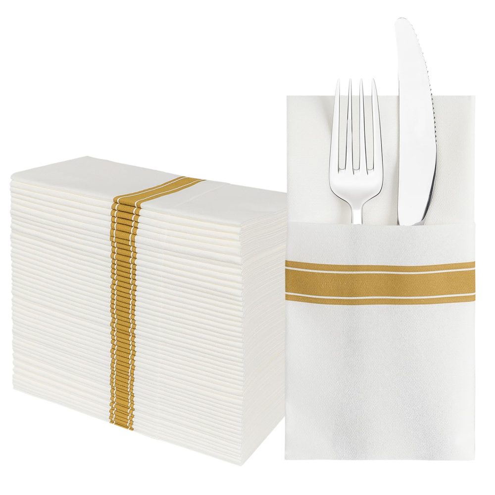 JEBBLAS Disposable Linen Feel Napkins, Built-in Flatware Pocket, Decorative Wedding Napkins with Gold Stripe Print, Folded Party Napkin, Soft, Strong, Absorbent, and Pre-Folded, 50 Pack