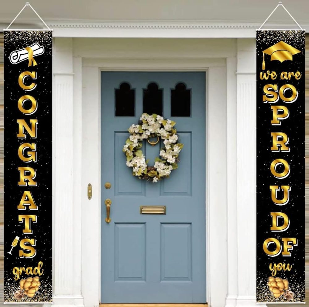 2024 Graduation Door Decorations, Graduation Porch Sign Black Gold, We Are So Proud Of You & Congrats Grad Banner 2 Pcs Graduation Decor for Indoor Outdoor Grad University High School Graduation