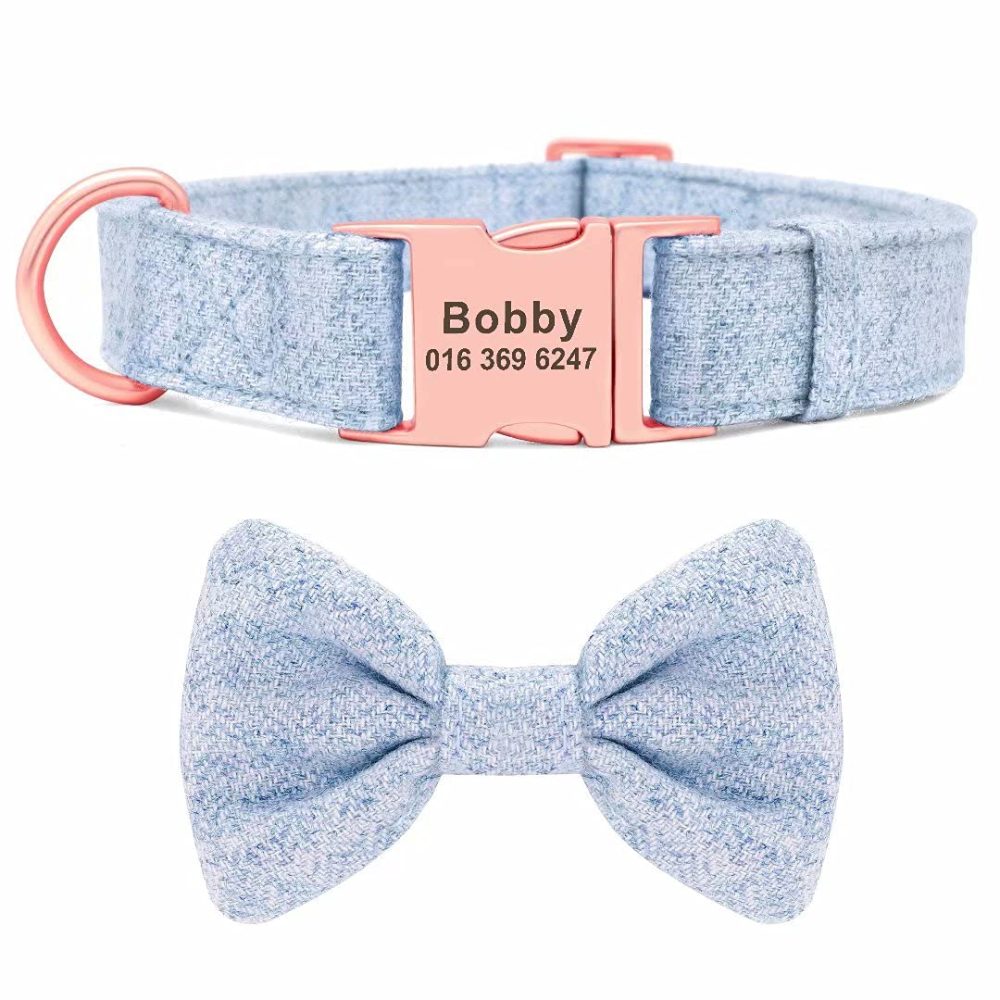 PET ARTIST Soft & Comfy Bowtie Dog Collar with Rose Gold Buckle - Personalized Dog Collar Girl with Name Plate Engraved - Adjustable Dog Collars Pet Gift for Small Medium Large Dogs,Blue,S