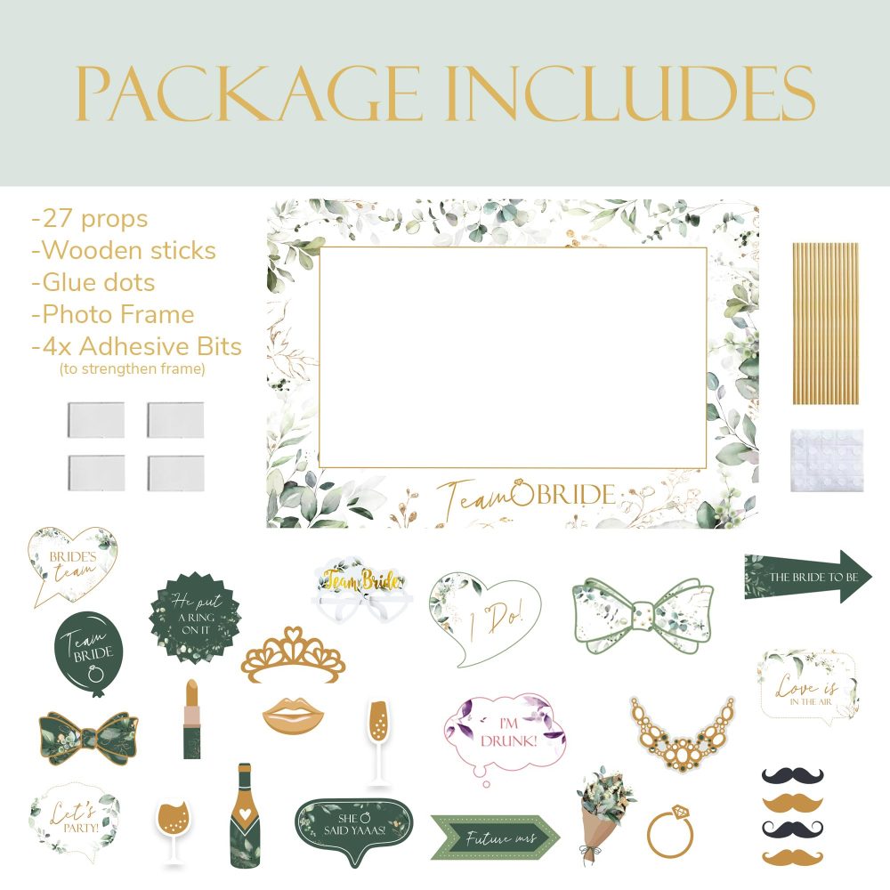 27pcs Photo Booth Props and Photo Frame Paper Botanical Sage Green Team Bride and Groom Hen Party Accessories for Engagement Wedding Bridal Shower Bachelorette Hen Do Party Games Hen Do Decoration - Image 9