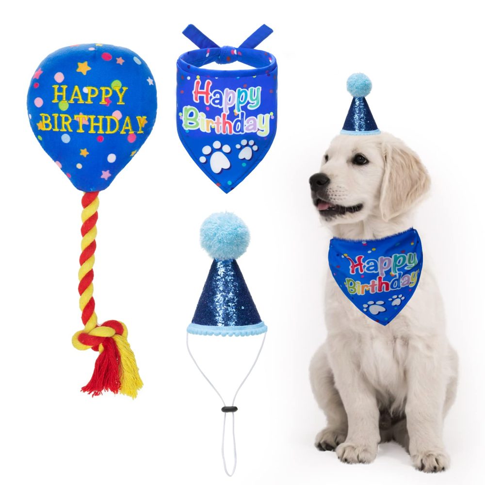 KOOLTAIL Dog Birthday Bandana Hat Balloon Plush Toy Set, Cute Pet Happy Birthday Accessory Puppy Chew Toy for Dogs Cats Puppies