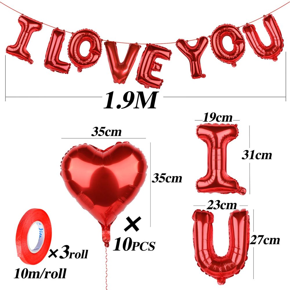 16Inch I Love You Letters Foil Balloons Banner with 10Pcs 18inch Red Heart Balloon 30M Ribbon Love Romantic Balloons for Valentine's Day Birthday Wedding Propose Party Decoration Supplies - Image 7