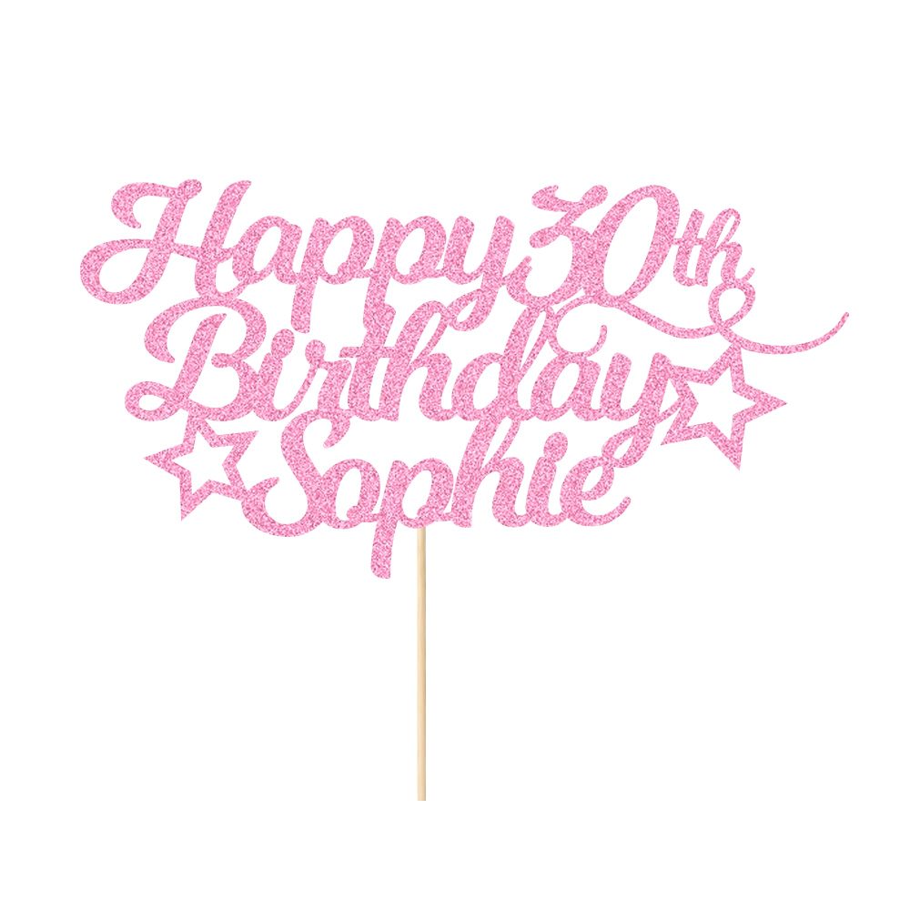 Personalised Happy Birthday Cake Topper Customized with Any Age Name Party Cake Decoration 16 18 21 40 60 Double Sided Glitter Card Baby Pink