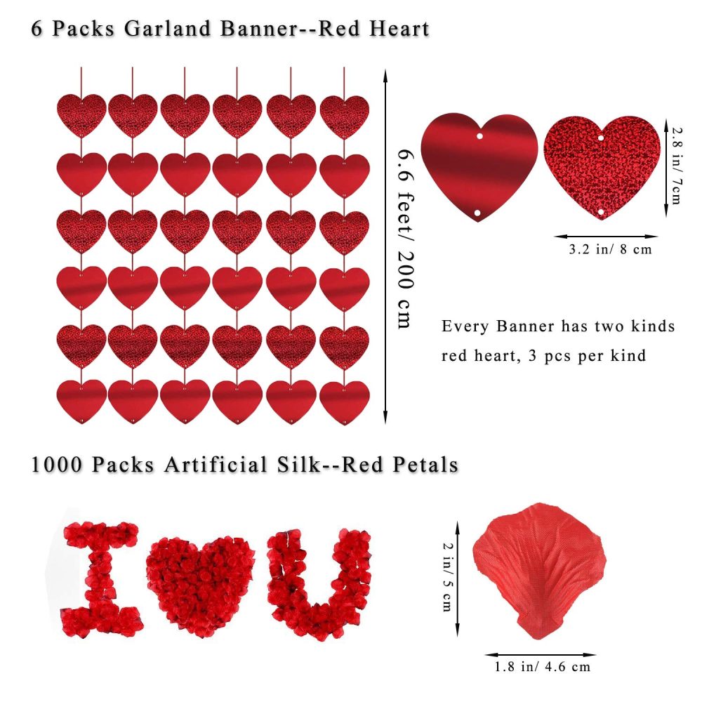 Valentines Day Decorations Kit 1000 Pcs Red Rose Petals 10 Pcs Heart Balloons 6 PCS Heart Garland I Love You Felt Garland Banner Table Runner for Valentines Day Decor Wedding Anniversary Engagement - Image 5