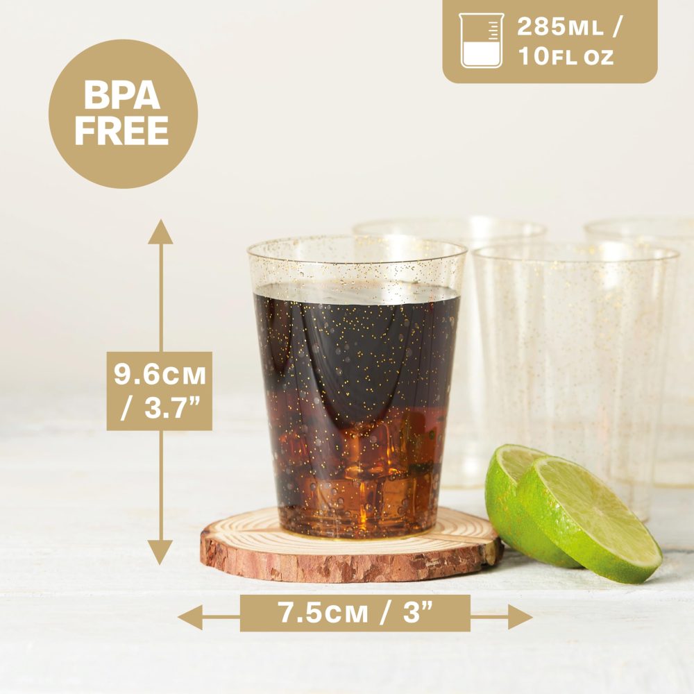 MATANA 50 Premium Clear Hard Plastic Cups, Plastic Party Cups with Gold Glitter (285ml / 10oz) - Reusable Plastic Glasses, Tumblers, Gold Cups for Drinks, Cocktail, Dessert, Wedding, Parties - Image 5