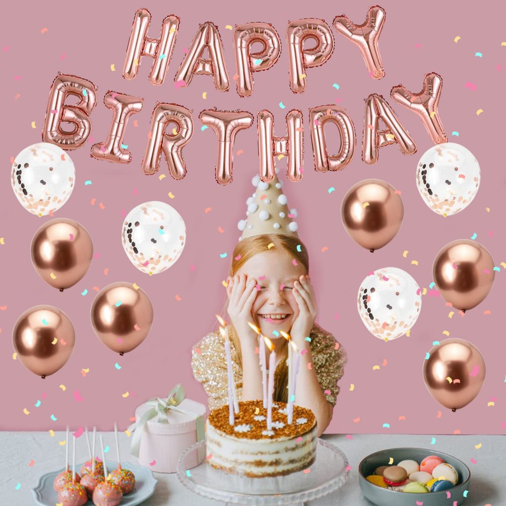 Happy Birthday Balloons, Rose Gold Happy Birthday Balloons Banner for Women Girls, Birthday Banner Foil Balloons Self Inflating with Latex Balloons Confetti Balloons for Happy Birtyday Decorations. - Image 4