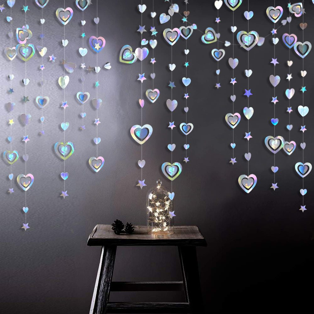 40 Ft Valentine's Day 3D Iridescent Heart Twinkle Star Garland Double Sided Holographic Paper Streamer for Anniversary Engagement Wedding Bridal Baby Shower Birthday Party Decorations (4 Packs) - Image 3