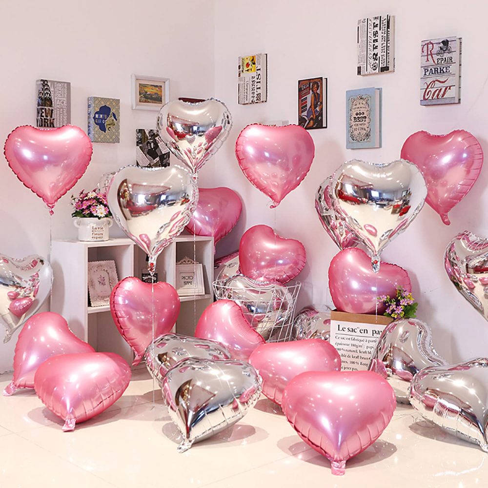 20PCS 46CM Heart Balloons Heart Foil Balloons Mylar Heart Balloons Metallic Aluminum Balloons Romantic Party Decor Balloons for Valentines Day Birthday Wedding Bridal Decor (pink silver)