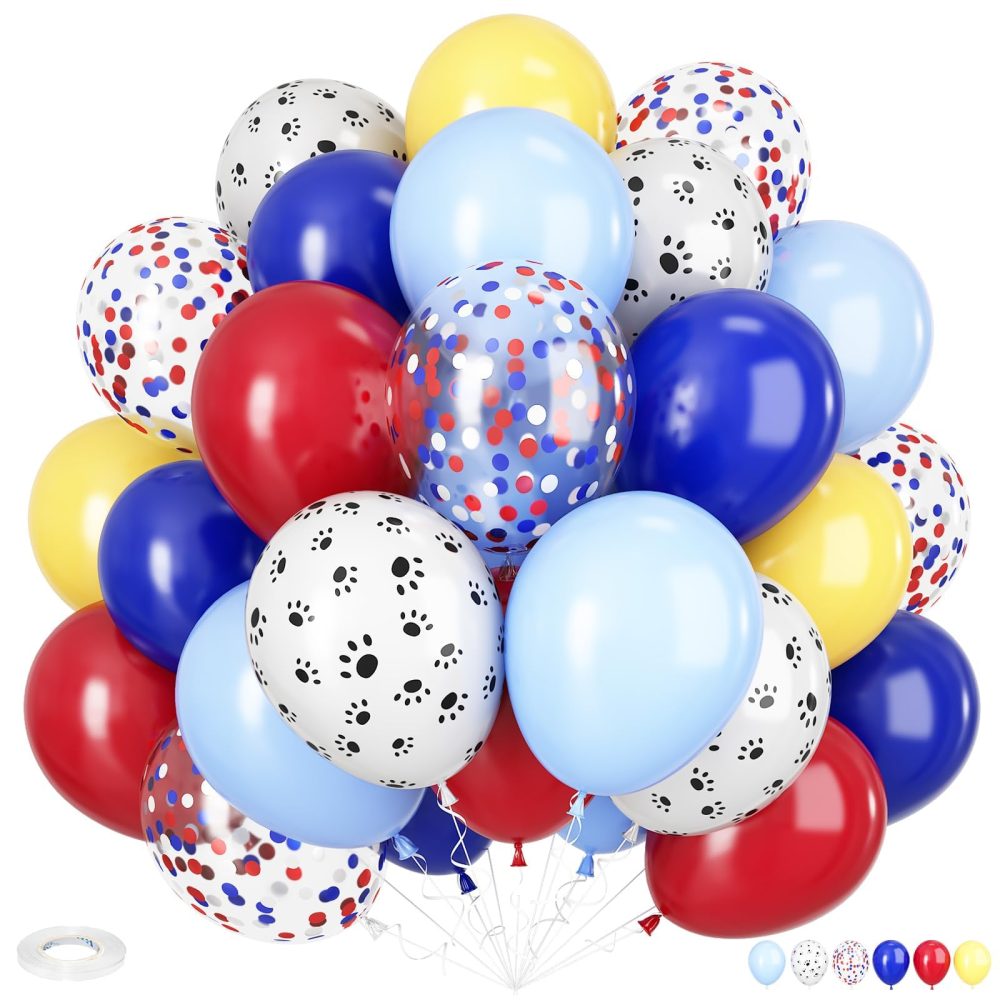 Dog Paw Balloons, 12 Inch Dog Paw Print Balloons, Royal Blue and Red Yellow Balloons, Red and Blue Confetti Balloons for Puppy Paw Theme Boys Girls Birthday Baby Shower Party Decorations