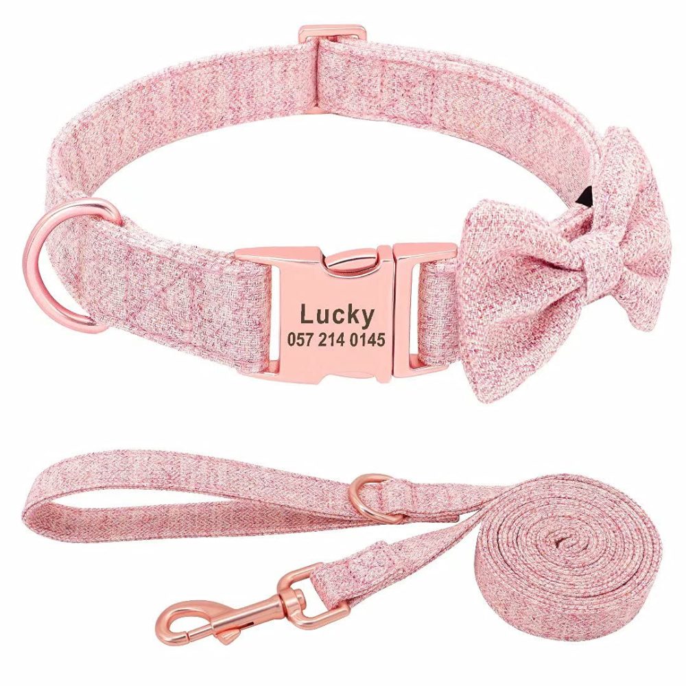 PET ARTIST Personalized Girl Dog Collars with Detachable Bowtie - Soft & Comfy Cute Dog Collar and Leash Set with Rose Gold Buckle - Adjustable Bowtie Collars for Small Medium Large Dogs,Pink,S