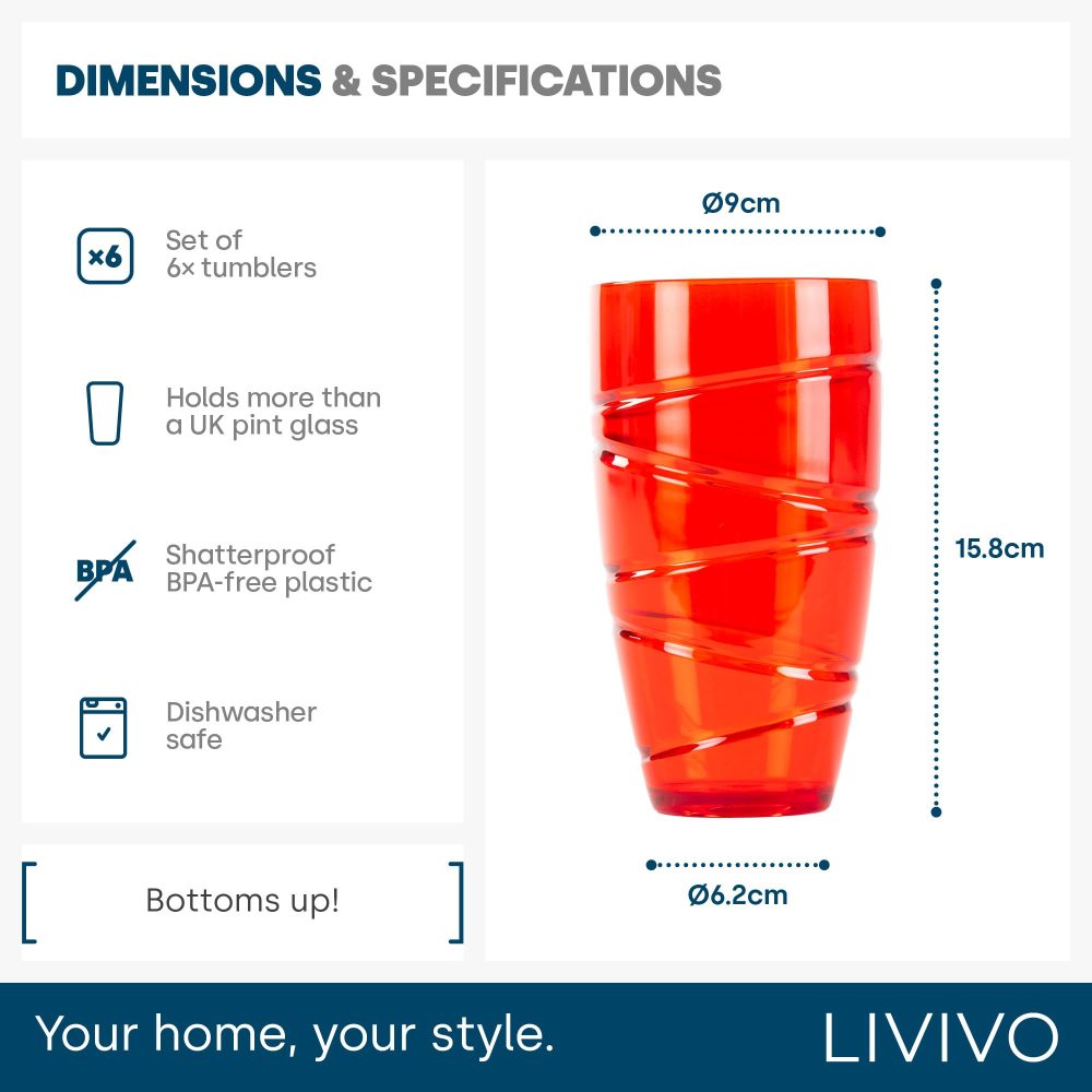 LIVIVO Set of 6 Hi Ball Plastic Acrylic Drink Tumblers with Swirl Design - Stackable Glasses Great for Picnics, BBQ’s, Poolside, Camping, Children’s Parties or Just Everyday Use (Set of 6, Colour) - Image 2