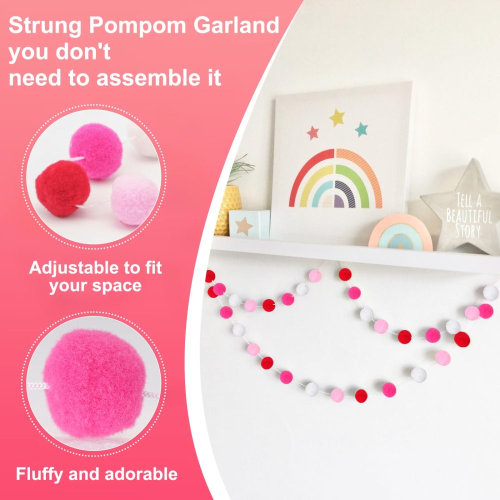 G2PLUS 2PCS Colored Felt Ball Garland, Pom Pom Garland with 60 Balls for Valentine's Day, Rose Pink and White Felt Ball Garlands for Bedroom Valentine's Day Party Decoration - Image 5