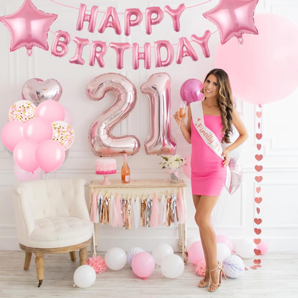 Pink Happy Birthday Decorations Balloons - 31 Pieces Pink Party Decorations, Pink Happy Birthday Banner Balloon, Star Heart Foil Balloon, Gold Sequin Balloon for Girls Woman Birthday Party Supplies - Image 3