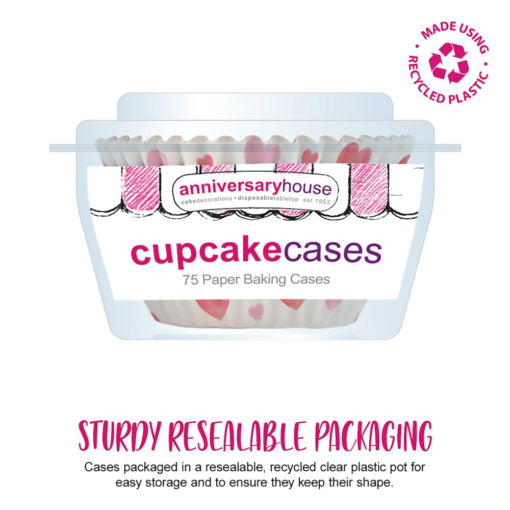 Anniversary House Cupcake Cases, 75 Pieces, Greaseproof Paper Baking Cups, Hearts, J145, White & Pink - Image 4