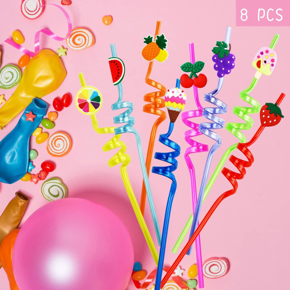 Ynaice 8 Pieces Reusable Drinking Straws Plastic Novelty Straws Colourful Curly Straws Ice Cream Fruit Party Straws for Adults Kids Birthday Party Favors Family Party Decorations Supplies - Image 6