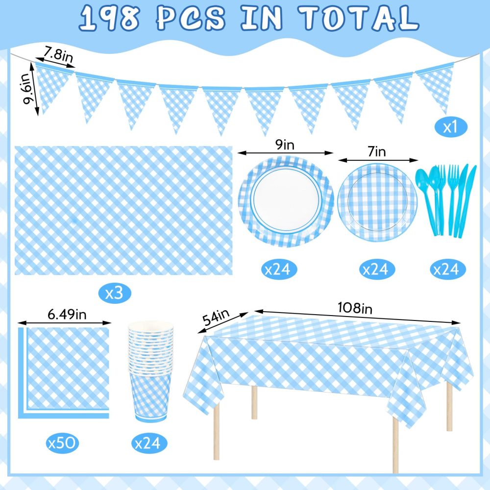 Preboun 198 Pcs Light Blue and White Gingham Party Supplies for 24 Guests Blue Checkered Plaid Tablecloth Pennant Banner Plate Cup Napkin and Cutlery for Picnic BBQ Birthday Halloween Christmas Party - Image 7