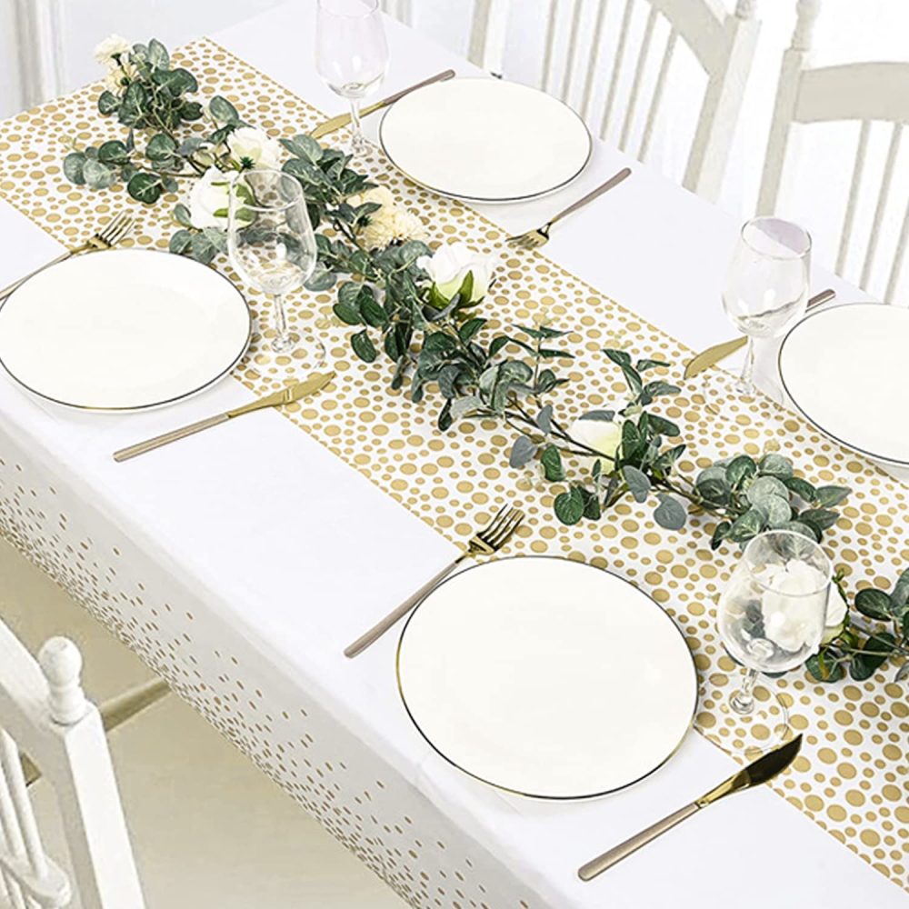 MOKANI Plastic Disposable Tablecloths, 4 Pack Party Table Cover, White and Gold Dot Confetti Rectangular Table Cloths for Parties, Picnic, Christmas, Birthday Baby Shower Decorations 54" x 108" - Image 4