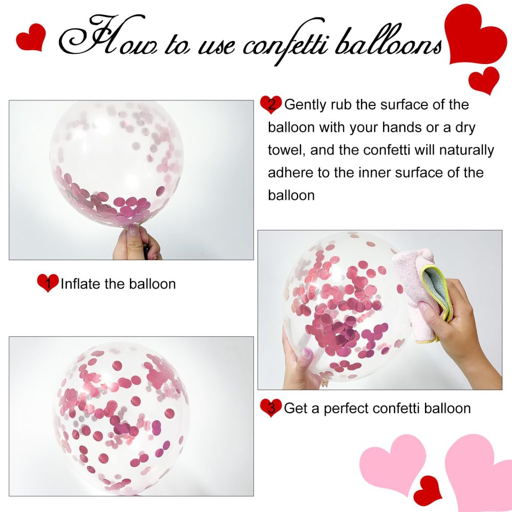 NEBURORA 60 Pieces Valentine's Day Pink and Red Heart Shaped Balloons Heart Print Balloons with Confetti Balloons Set with Ribbon for Valentine's Party Decorations Supplies - Image 6