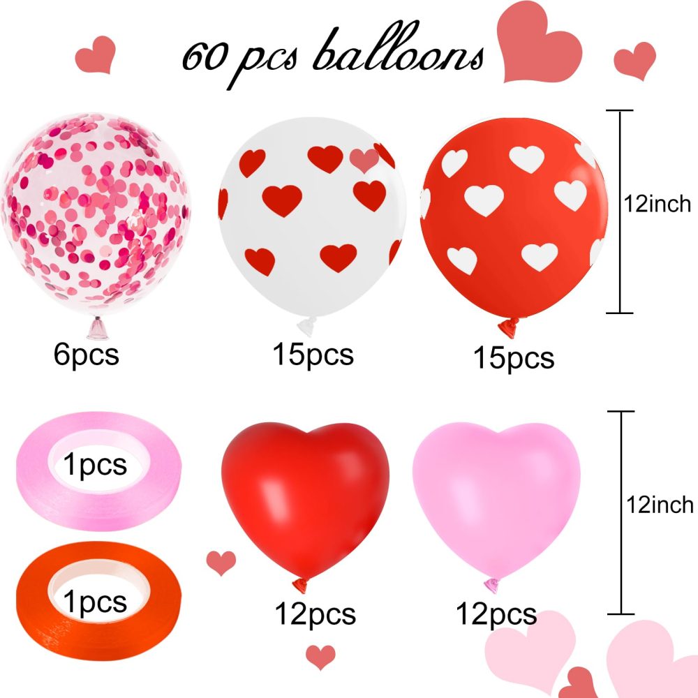 NEBURORA 60 Pieces Valentine's Day Pink and Red Heart Shaped Balloons Heart Print Balloons with Confetti Balloons Set with Ribbon for Valentine's Party Decorations Supplies - Image 7