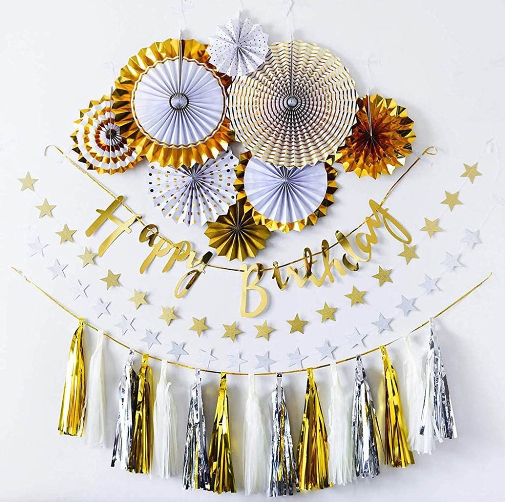 Set of 8 Party Decoration Gold Paper Fans Hanging Paper Flowers Wall Decor Paper Rosettes Decoration for Party Wedding Birthday Festival Christmas Event Carnival - Image 7