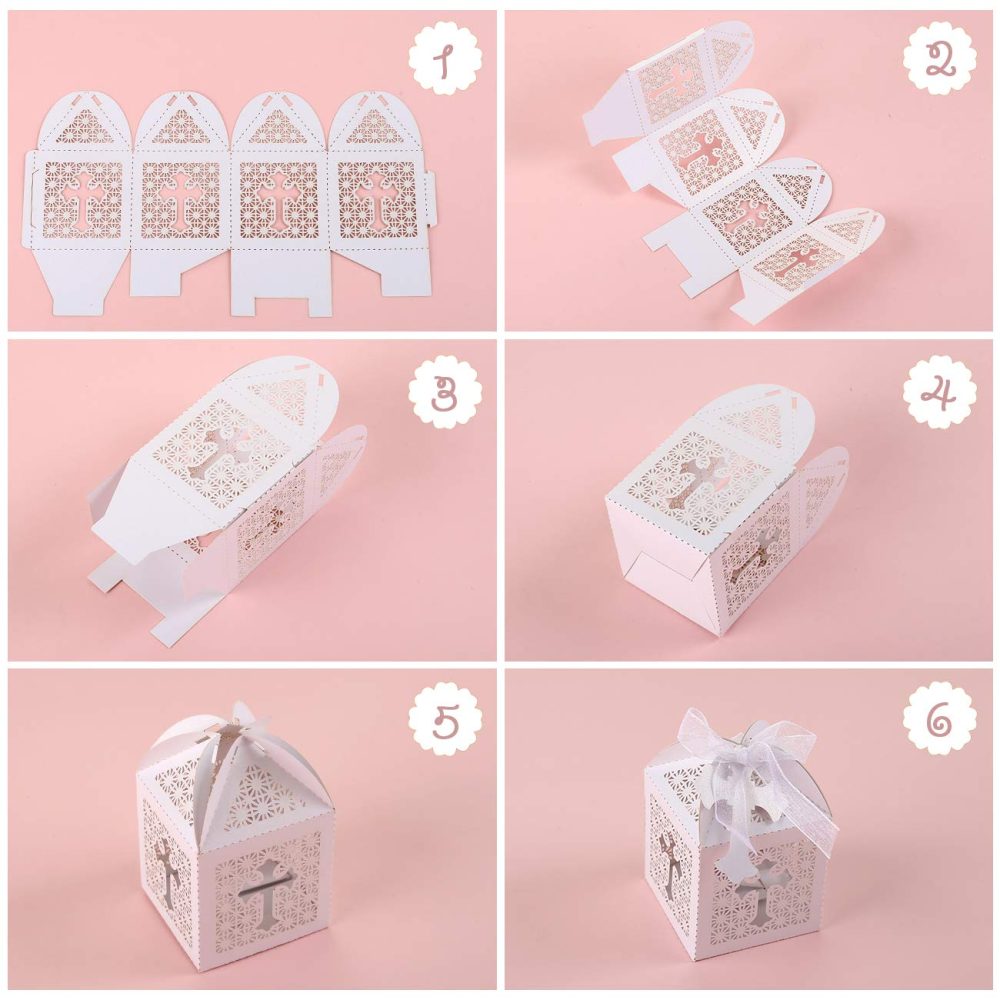 LIHAO 50 PCS Candy Treat Box First Communion Christening Decorations Baptism Favor Boxes Laser Cut Boxes Hollow Cross Favor Gift Box with Ribbons for Wedding Baby Christening Shower Christmas Party - Image 5