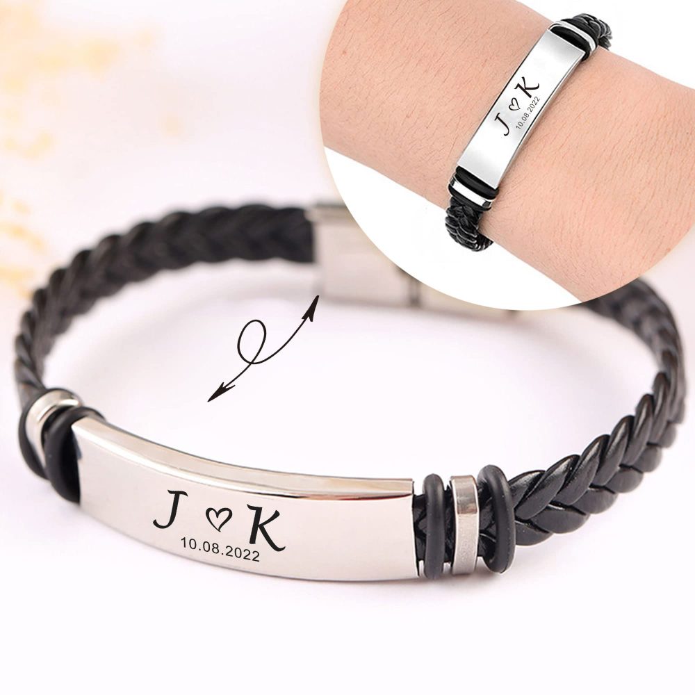 EDSG Personalised Mens Bracelet Leather Bracelets Gifts for Men Him Boyfriend Husband Dad Custom Engraved Bracelet Gift for Valentines Day Birthday Wedding Christmas(Design 1) - Image 5