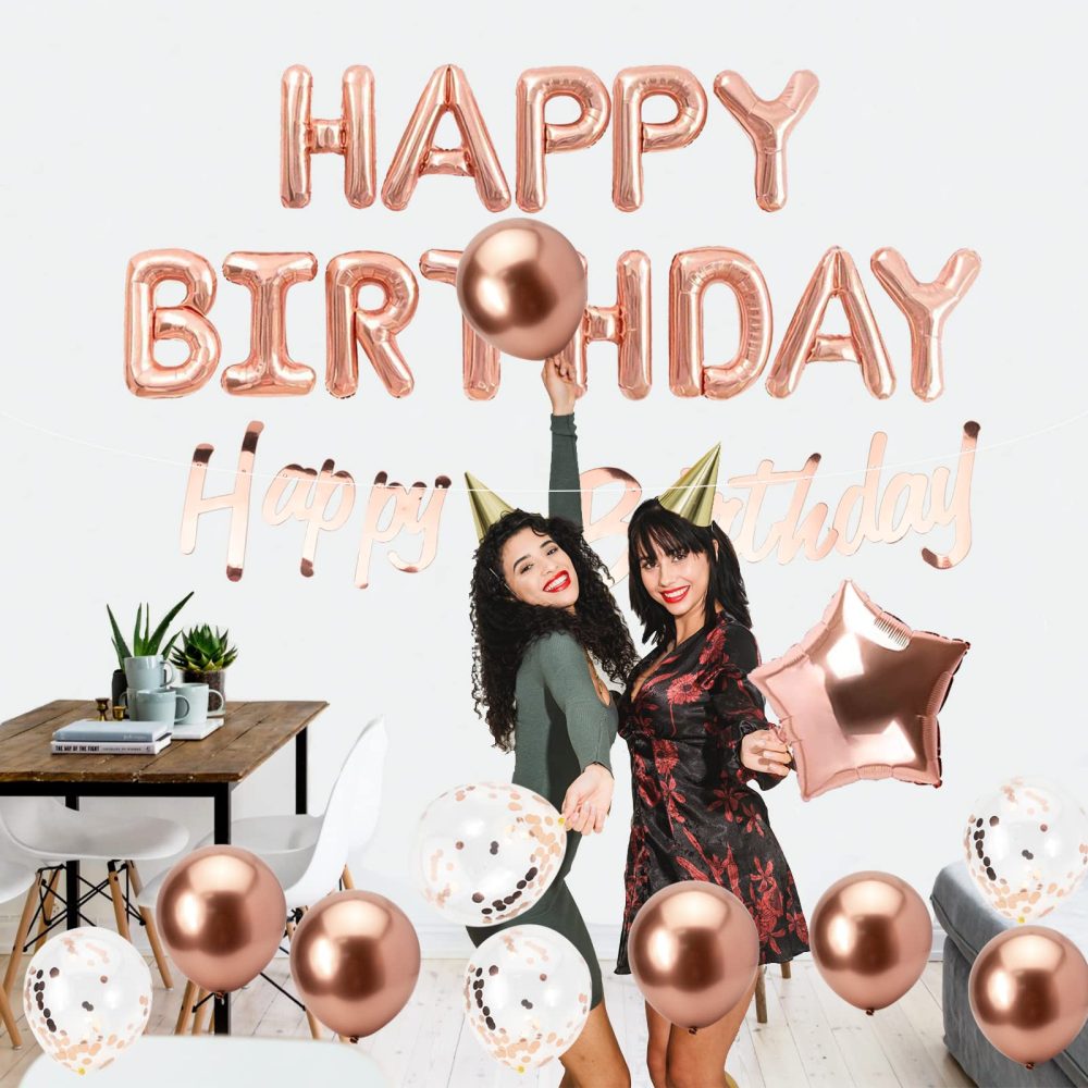 Happy Birthday Balloons, Rose Gold Happy Birthday Balloons Banner for Women Girls, Birthday Banner Foil Balloons Self Inflating with Latex Balloons Confetti Balloons for Happy Birtyday Decorations. - Image 5