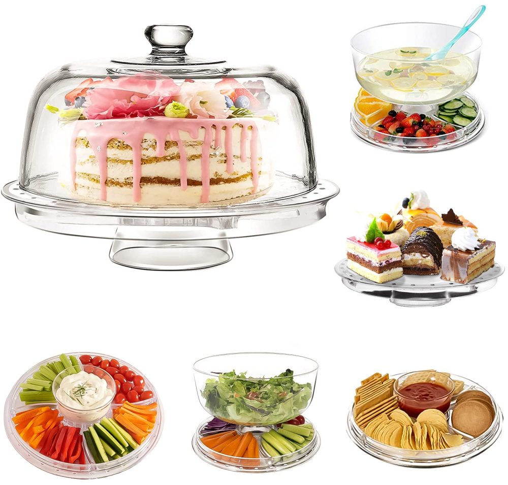 Stylish Design 6 in 1 Multi functional Plastic Cake Stand & Dome with Cover and Salad Bowl for Multi Purpose | Quality Products by Crystals