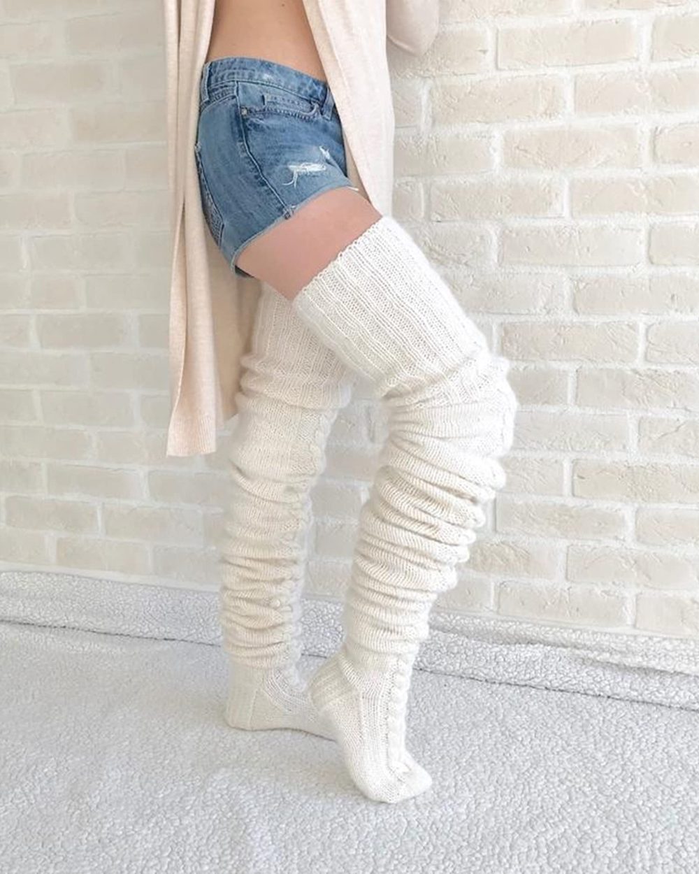 Acrawnni Womens Girls Winter Cable Knit Over Knee Socks Thigh High Long Boot Socks Stocking Leg Warmer B-Creamy-White - Image 4