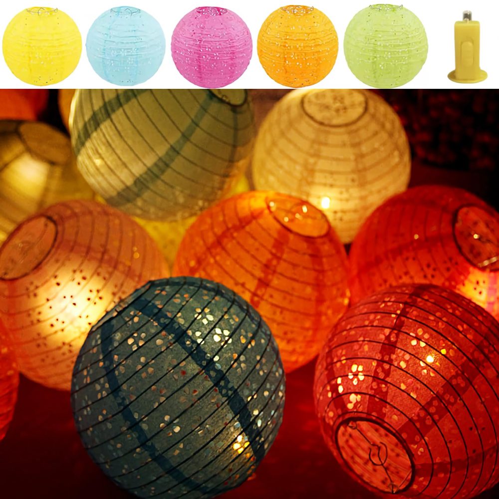 Qlisytpps Paper Lanterns with LED Lights 10 Colours Chinese Japanese Lantern Oriental Style Traditional Asian Bedroom Paper Lamp for Home Wedding Party Decoration 8 Inch (5pcs) Free 2 Spare Lights