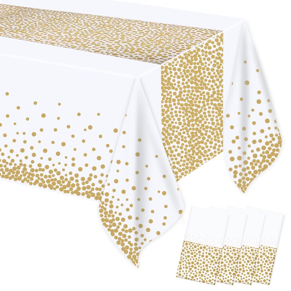 MOKANI Plastic Disposable Tablecloths, 4 Pack Party Table Cover, White and Gold Dot Confetti Rectangular Table Cloths for Parties, Picnic, Christmas, Birthday Baby Shower Decorations 54" x 108"