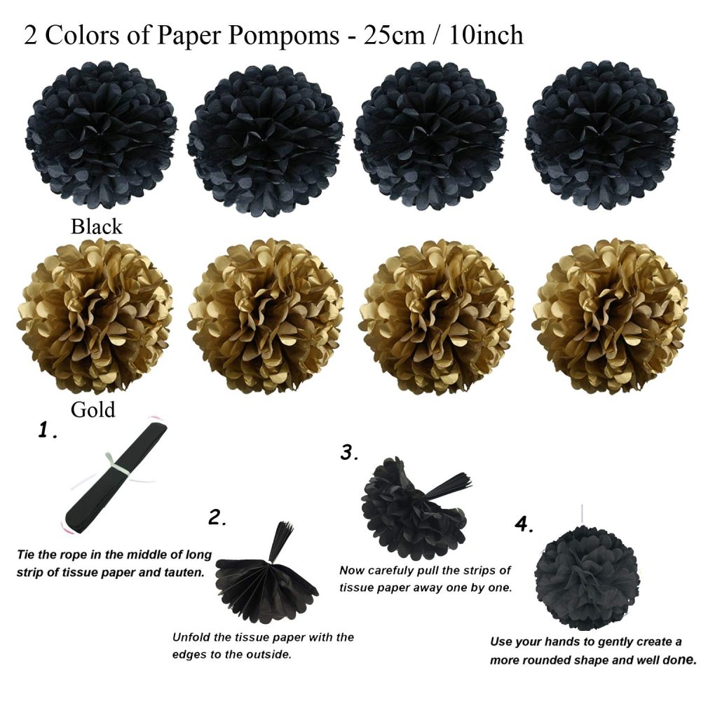 Zerodeco Party Decoration, 21 Pcs Black and Gold Hanging Paper Fans, Pom Poms Flowers, Garlands String Polka Dot and Triangle Bunting Flags for Birthday Party graduations Wedding Décor Happy New Years - Image 5