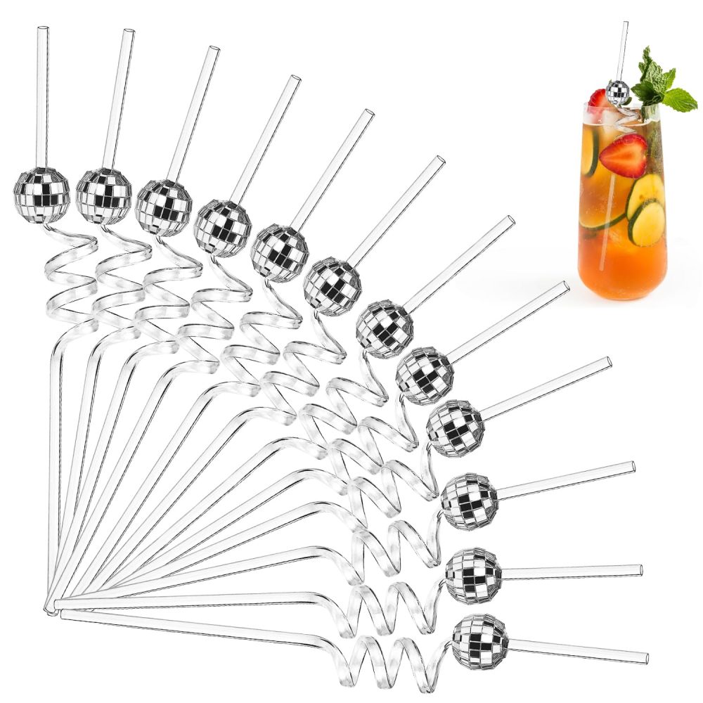 Esteopt 12Pcs Mirror Disco Ball Straws,1970s Disco Decorative Disco Party Straws,Disco Ball Decorations,Disco Theme Straws,Cocktail Straws for Disco Themed Party Decorations Wedding Birthday (Sliver)