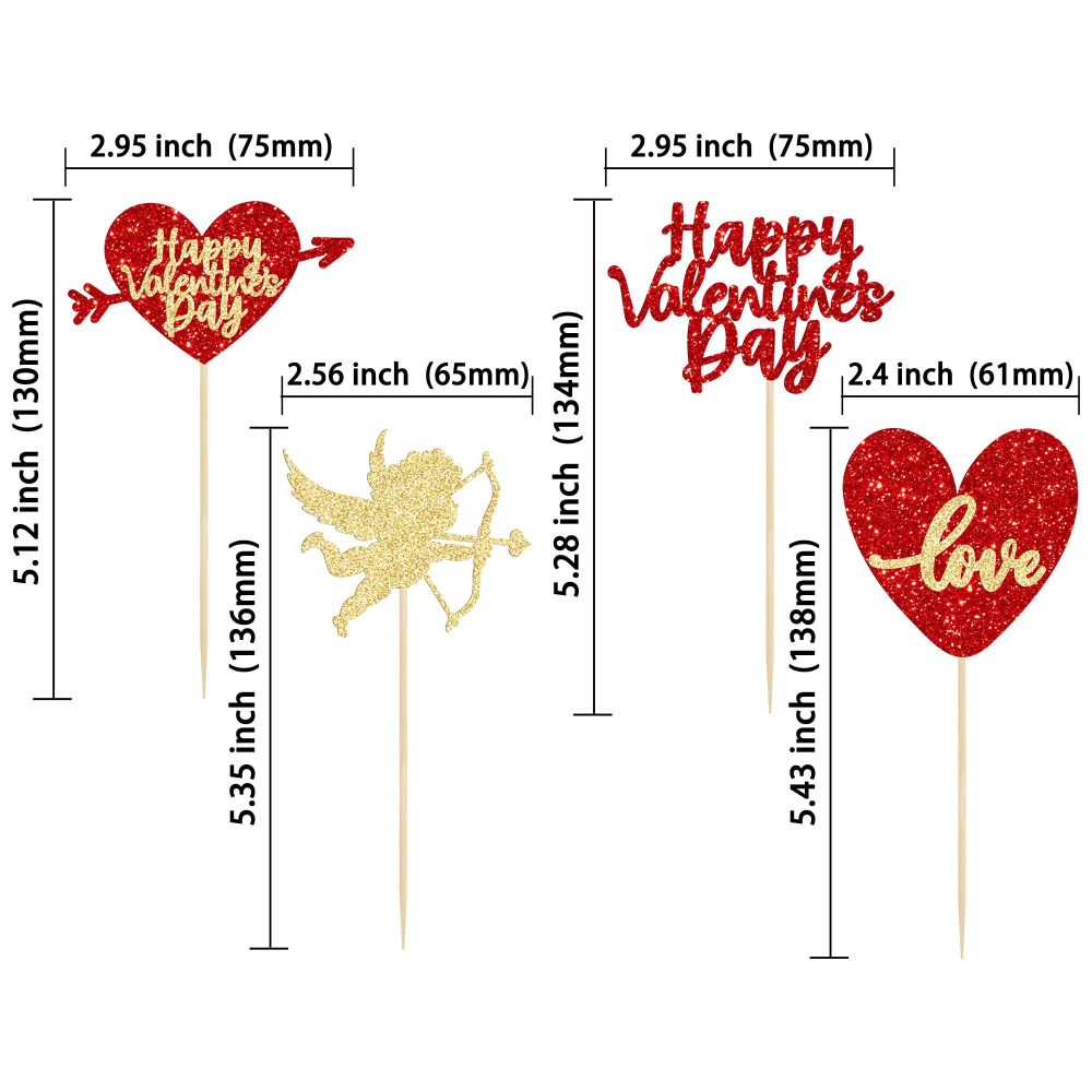 Gyufise 24 Pack Red Gold Glitter Happy Valentine Day Cupcake Toppers Love Heart Cupcake Toppers for Valentine Theme Wedding Engagement Bridal Shower Party Cake Decorations - Image 6