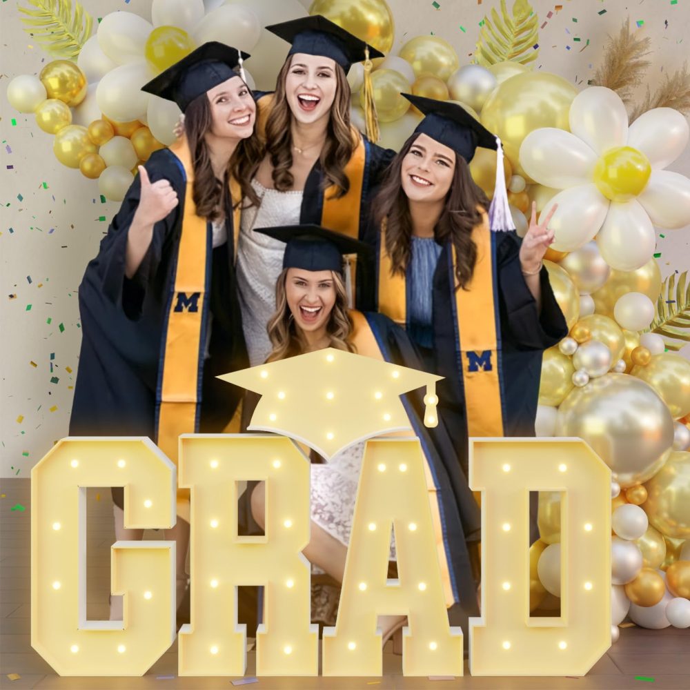 Graduation Decorations 2024 Prom Decoration Class of 2024 GRAD with Cap Large Marquee Light Up Letter Sign for Preschool High School College Party Leavers 2024 Banner Balloons Backdrop Pre-cut Foam - Image 2