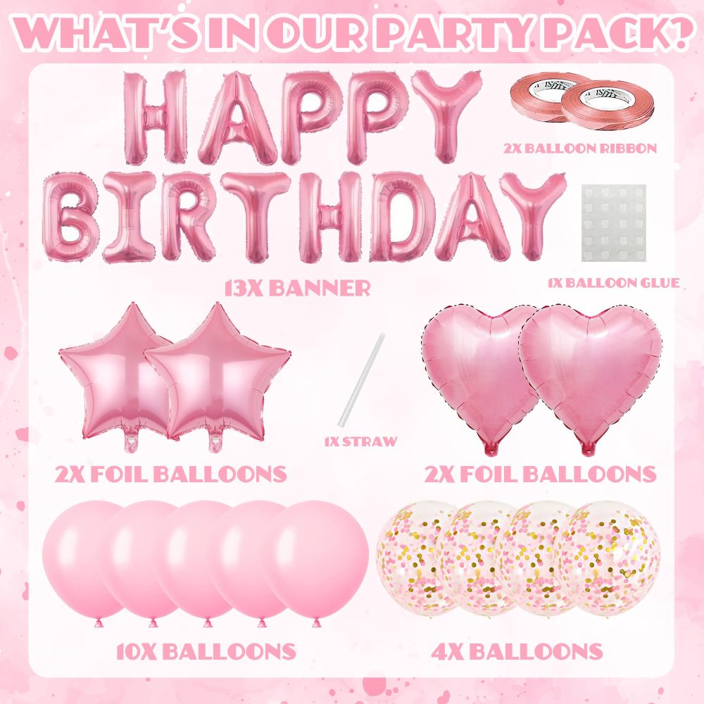 Pink Happy Birthday Decorations Balloons - 31 Pieces Pink Party Decorations, Pink Happy Birthday Banner Balloon, Star Heart Foil Balloon, Gold Sequin Balloon for Girls Woman Birthday Party Supplies - Image 7