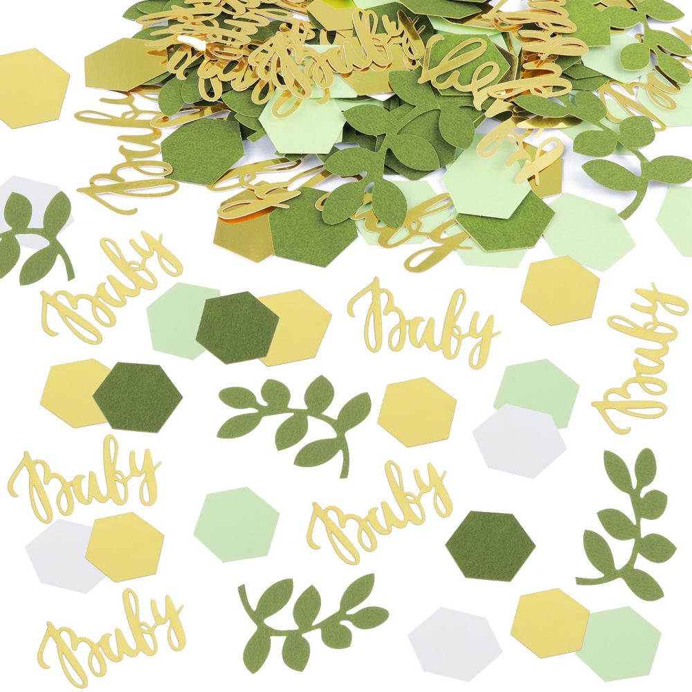 350Pcs Greenery Baby Shower Confetti Scatter Decorations Green Eucalyptus Sage Table Confetti Dots Gold Baby Confetti Scatter Sprinkles Decor Confetti for Baby Shower Gender Reveal Party Celebration