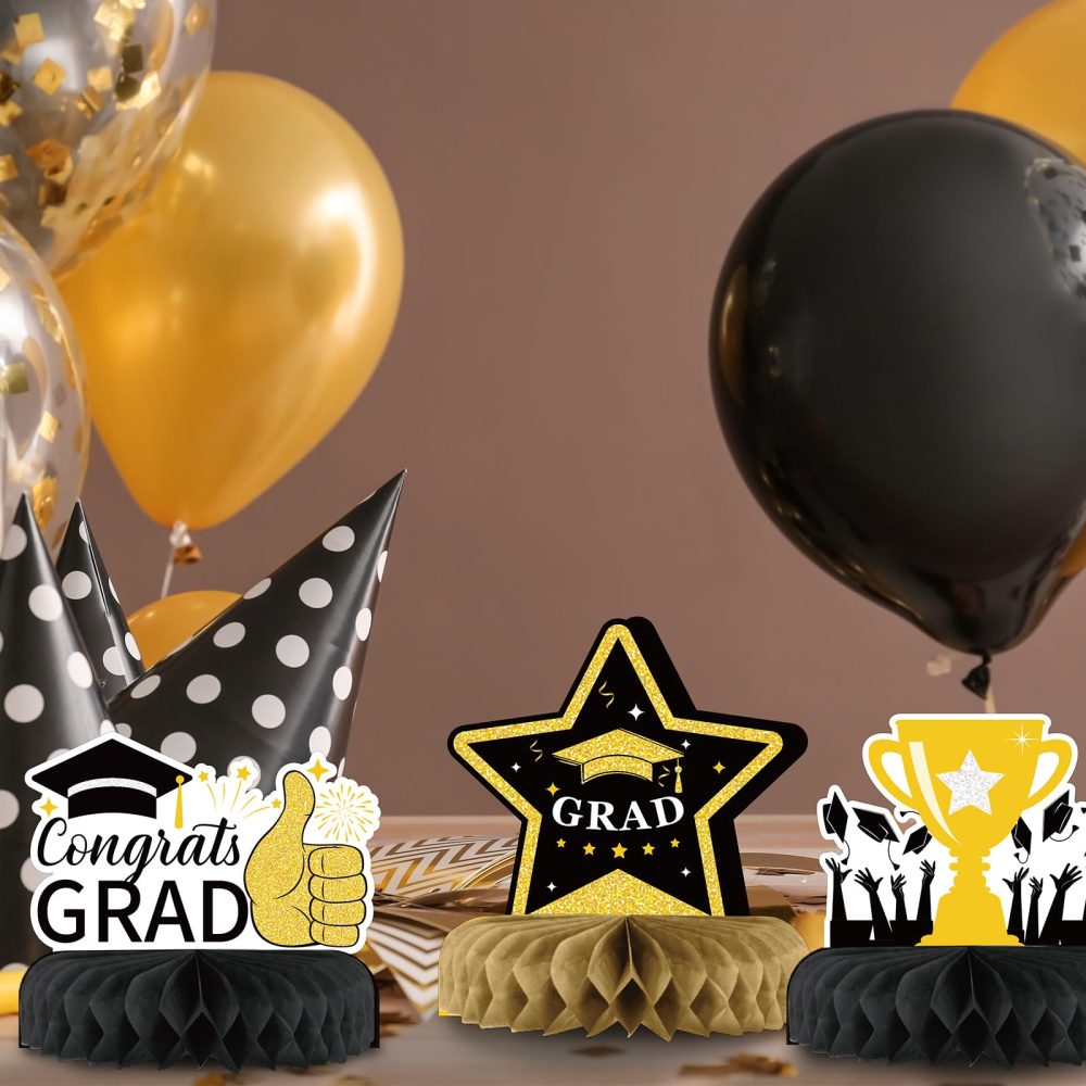 HONMOK 9pcs Graduation Decorations 2024 Graduation Honeycomb Centerpieces Black Gold Table Toppers Congrats Grad Graduation Cap Diploma Ornaments You Did It Gifts for Grad Preschool Party Supplies - Image 5