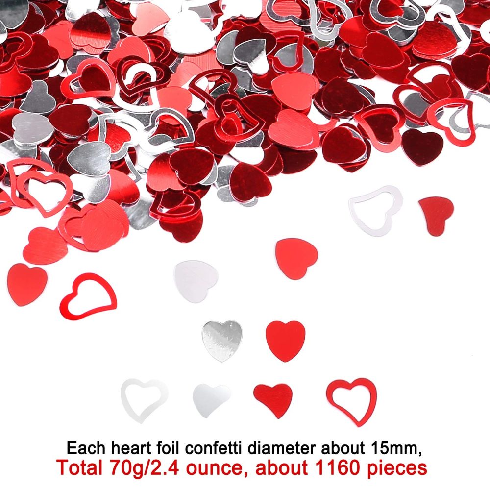 HOWAF About 1100pcs Sparkle Heart Confetti Love Heart Confetti for Valentines Day Table Decorations Valentines Wedding Anniversary Engagement Party Supplies, Red and Sliver, 15 mm - Image 4