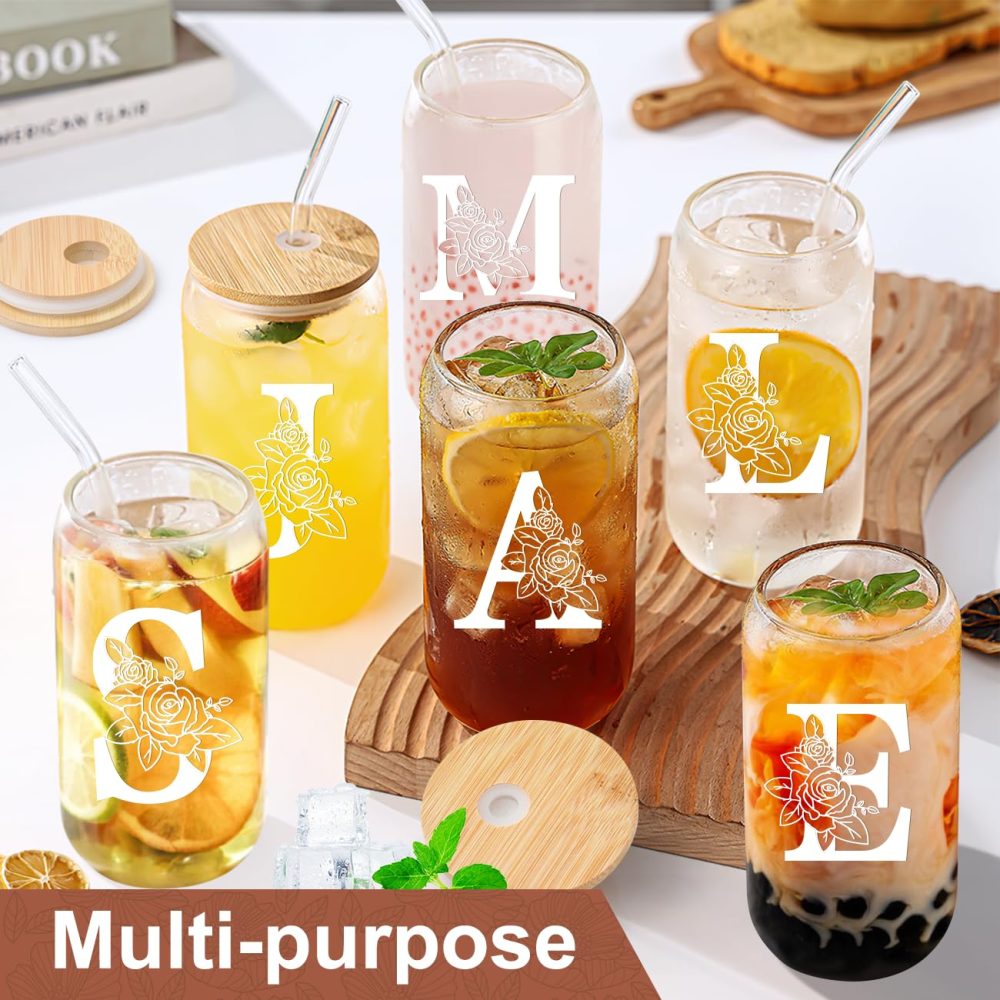 Psukhai A-Z 26 Initial Personalised Birthday Gifts for Women Girlfriend Best Friend Her Mum Sister Friendship Teacher Valentines Christmas Gifts for Dad Him Men, Iced Coffee Cup Gift with Lids Straws - Image 5