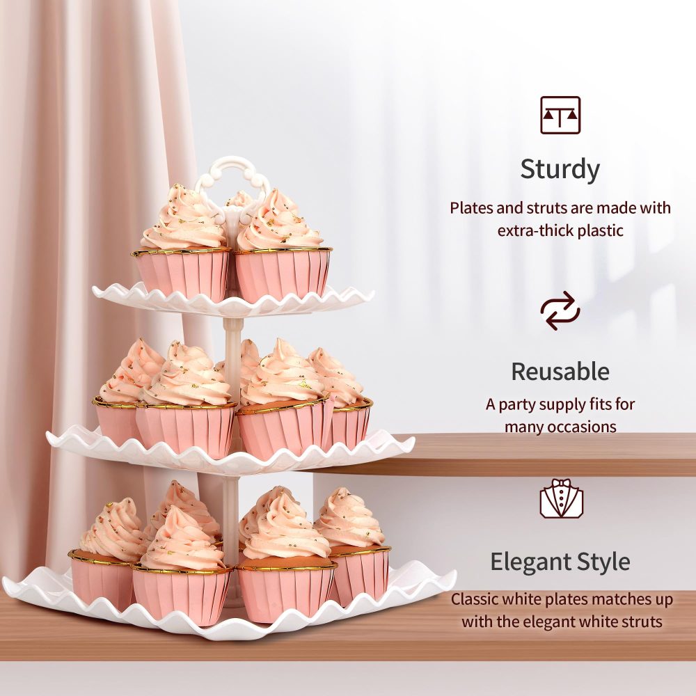 NWK 5 Piece Cake Stand Set with 2x 3-Tier Cupcake Stands + 3X Appetizer Trays Perfect for Wedding Birthday Baby Shower Thanksgiving Christmas New Year Party - Image 4