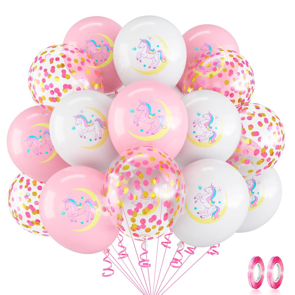 Unicorn Balloons for Girls, 12 Inch Pastel Baby Pink White Unicorn Birthday Party Balloons with Confetti Helium Latex Balloons for Princess Unicorn Birthday Baby Shower Party Decorations Supplies