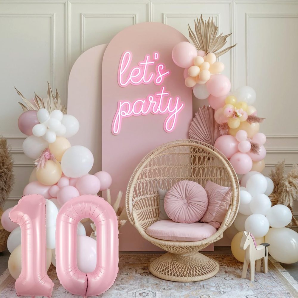 Pastel Pink 10 Balloons, Baby Pink 10 Number Balloons, Pink Number 10 Balloons Set, Pink Foil Star Heart Balloons With Long Balloons For Gilrs Woman 10th Birthday Party 1st Baby Shower Decor - Image 4