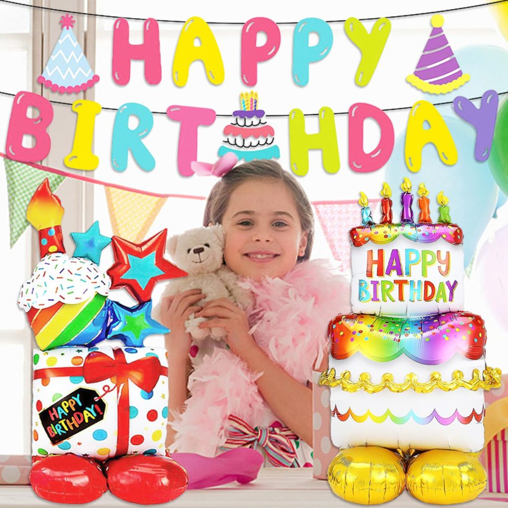 2 Pieces Gift and Cake Standing Balloons with 1 Piece Pull Flag, Inflatable Gift, Helium Balloon Happy Birthday Decoration, Aluminum Foil Balloon, Suitable for Children and Adults - Image 3