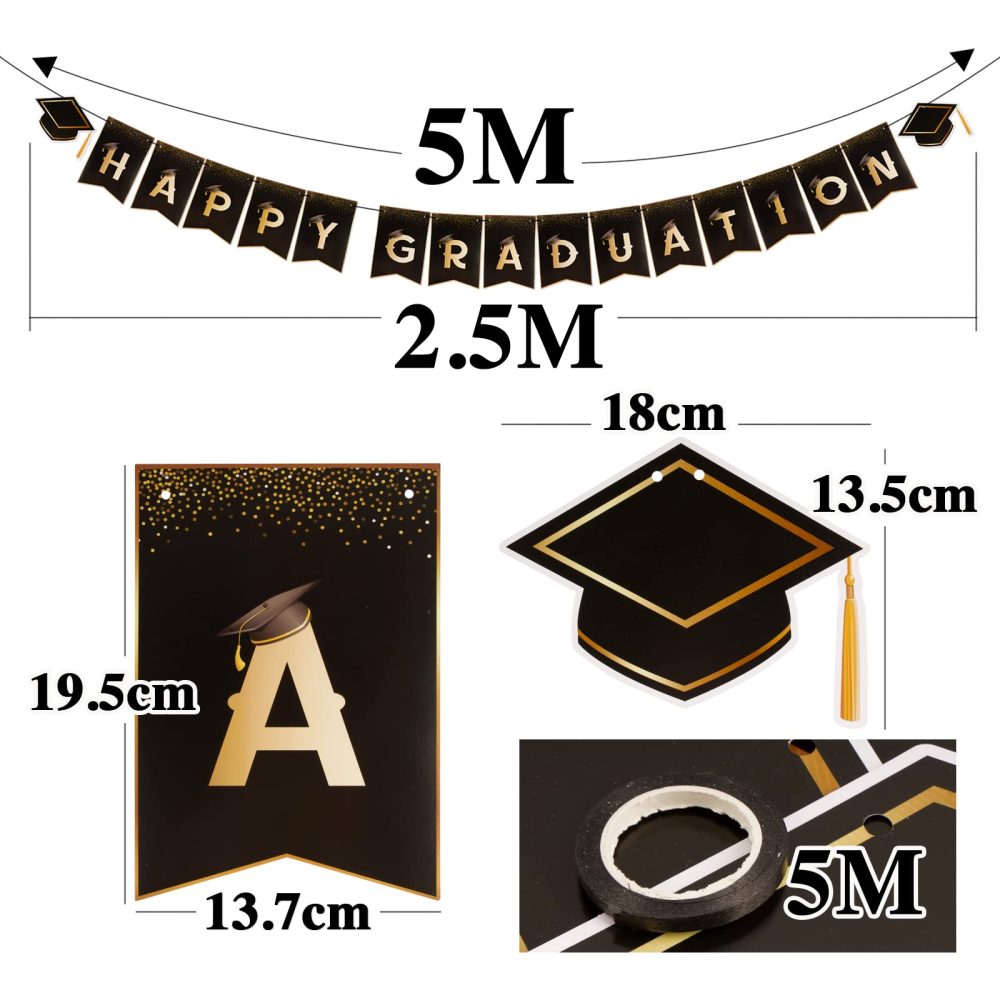 Happy Graduation Banner with Confetti Balloons Graduation Bunting Congrats Grad Class Photo Props Black and Gold Backdrop for Graduation Party Decoration - Image 5