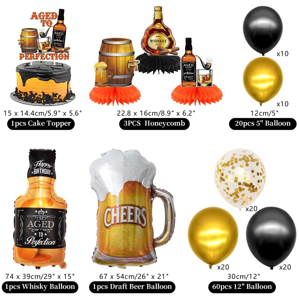 Whiskey Birthday Party Decorations - Aged to Perfection HAPPY BIRTHDAY Backdrop Black Champagne Gold Balloons Garland Wine Cake Toppers Centerpiece Tablecover Cheers and Beers Party for Man Daddy - Image 7