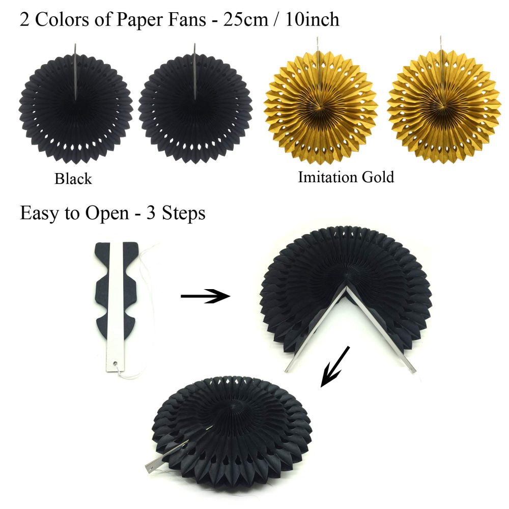 Zerodeco Party Decoration, 21 Pcs Black and Gold Hanging Paper Fans, Pom Poms Flowers, Garlands String Polka Dot and Triangle Bunting Flags for Birthday Party graduations Wedding Décor Happy New Years - Image 6