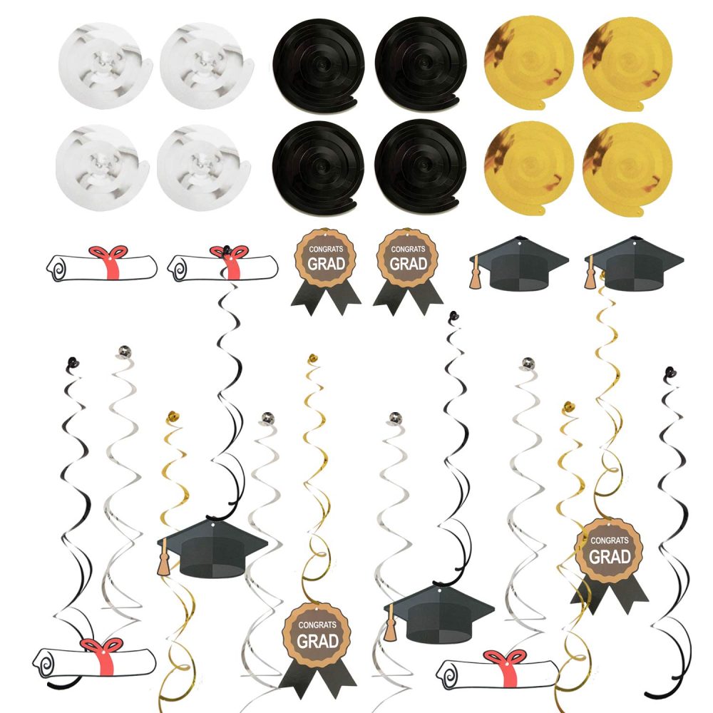 ZERODECO Graduation Decorations, Black and Gold We Are So Proud Of You Banner Paper Pompom Fan Hanging Swirls Graduation Confetti Paper Garland Party Balloons for Grad Party Decoration Supplies - Image 6