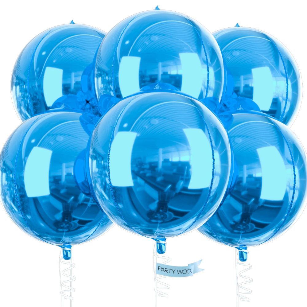 PartyWoo Blue Balloons, 6 pcs Light Blue Foil Balloons, 22 inch Giant 4D Foil Balloons and Ribbon, Large Mylar Balloons, Blue Balloons Decor, Round